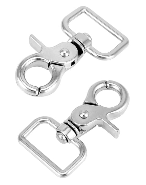 Close-up of Swivel Snap Hooks 10 Pack Heavy Duty Trigger Snaps, nickel plated, shown with eye closure and spring hook for bags, leashes, and gear.