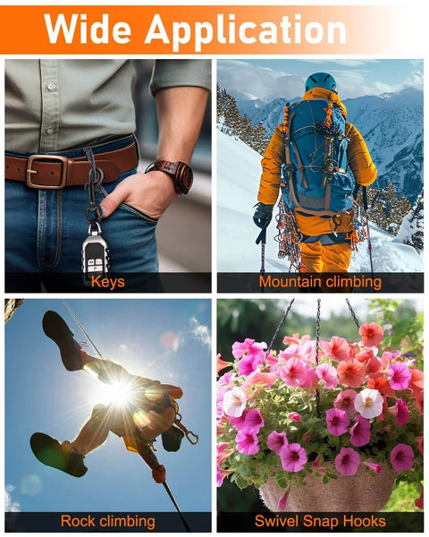 Wide application uses of Heavy Duty 2.75 Inch Swivel Snap Hooks 30 Pack Rust Resistant Clips for various outdoor activities and gear.