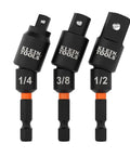 Front view of Go To Three Piece Swivel Socket Adapter Set For Impact Drivers To Quarter Inch, Three Eighths Inch And Half Inch Square Drives With Twenty Degree Swivel