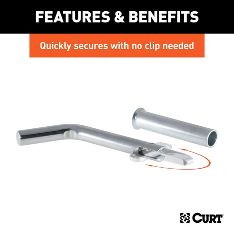 Swivel Trailer Hitch Pin With Integrated Clip One Half Inch Diameter With Five Eighths Inch Adapter Fits One And One Quarter Inch Or Two Inch Receiver Hitches Clear Zinc Finish No Clip Needed Built Tough And Durable Easy To Install And Use front view