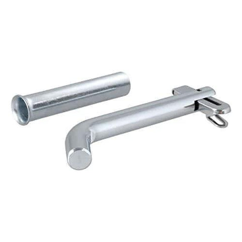 Swivel Trailer Hitch Pin With Integrated Clip One Half Inch Diameter With Five Eighths Inch Adapter, clear zinc finish shown.