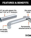 Swivel Trailer Hitch Pin With Integrated Clip One Half Inch Diameter With Five Eighths Inch Adapter Fits One And One Quarter Inch Or Two Inch Receiver Hitches Clear Zinc Finish No Clip Needed Built Tough And Durable Easy To Install And Use featuring zinc-plated finish and swivel clip, bent handle view