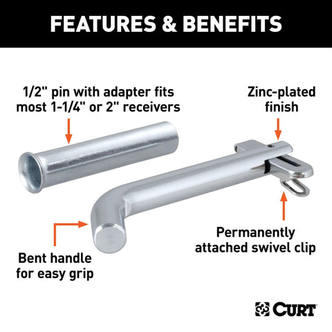 Swivel Trailer Hitch Pin With Integrated Clip One Half Inch Diameter With Five Eighths Inch Adapter Fits One And One Quarter Inch Or Two Inch Receiver Hitches Clear Zinc Finish No Clip Needed Built Tough And Durable Easy To Install And Use featuring zinc-plated finish and swivel clip, bent handle view