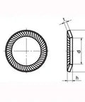 SWRS-2 NBK Ribbed Lock Washers - Steel NBK Lock Washers 20-Pack Washers Made in Japan technical drawing side and front views