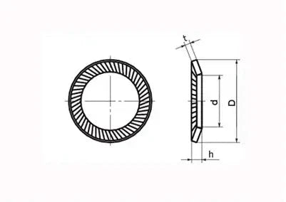 SWRS-2 NBK Ribbed Lock Washers - Steel NBK Lock Washers 20-Pack Washers Made in Japan technical drawing side and front views