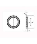 SWRS-3 NBK Ribbed Lock Washers - Steel NBK Lock Washers 20-Pack Washers Made in Japan, technical drawing side and top view.