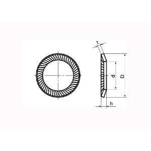 SWRS-3 NBK Ribbed Lock Washers - Steel NBK Lock Washers 20-Pack Washers Made in Japan, technical drawing side and top view.