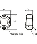 Diagram of SWUS-M10 NBK Hex Lock Nuts Made in Japan showing friction ring dimensions and specifications.