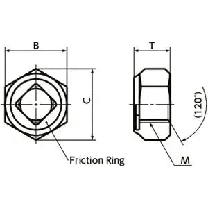 Diagram of SWUS-M10 NBK Hex Lock Nuts Made in Japan showing friction ring dimensions and specifications.