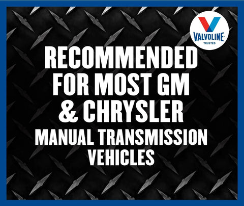 Synchromesh Manual Transmission Fluid recommended for GM and Chrysler vehicles, manual transmission text overlay on dark pattern