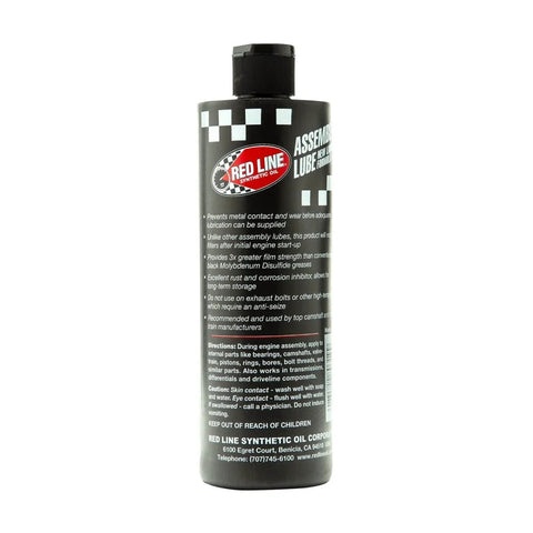 Liquid Synthetic Assembly Lube 12 Ounce From Red Line For Engine Builds bottle, heavy duty lubricant preventing metal contact