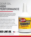 Red Line 50104 75W85 GL-5 Full Synthetic Gear Oil bottle with label for hypoid limited slip differentials.