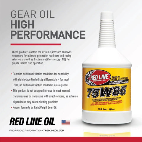 Red Line 50104 75W85 GL-5 Full Synthetic Gear Oil bottle with label for hypoid limited slip differentials.