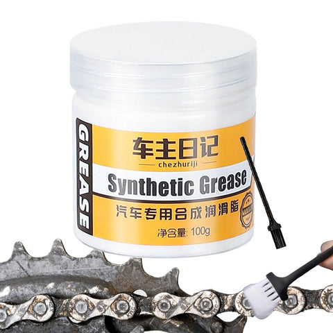 Jar of 100g synthetic grease with brush near metal gears, labeled for Door Car Grease Multifunctional Rails Lubricant For Smooth Car Door Operation And Sunroof Hinges Locks.