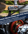Close-up of engine components with text overlay highlighting benefits of synthetic silicone grease with PTFE particles for protection.
