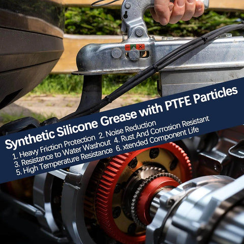 Close-up of engine components with text overlay highlighting benefits of synthetic silicone grease with PTFE particles for protection.
