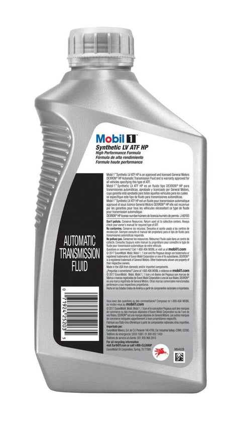 Side view of Mobil 1 Full Synthetic LV Automatic Transmission Fluid HP quart bottle for superior thermal stability.