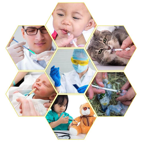 Collage showing 50 Pack 1ml Sterile Syringes With Caps used for dosing medicine to humans, pets, and infants in various settings.