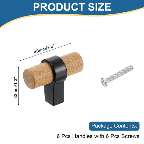 6 Pcs T Bar Wooden Drawer Pulls Beech Wood With Black Finish Single Hole Dresser Knobs Includes M4x25mm Screws for Cabinets