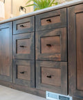 6 pcs T bar wooden drawer pulls beech wood with black finish single hole dresser knobs installed in kitchen cabinets