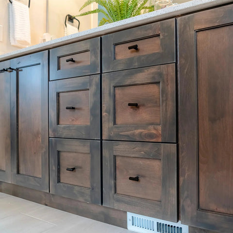 6 pcs T bar wooden drawer pulls beech wood with black finish single hole dresser knobs installed in kitchen cabinets