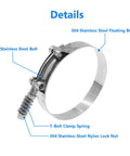 Spring Loaded T Bolt Clamps Set Of 4 Stainless Steel 304 Waterproof Exhaust Intercooler And Intake Hose Clamps with labeled parts