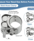 23 To 25 Mm T Bolt Hose Clamp Pack Of 2 For Intercooler Tubing And Radiator Hoses In 0.91 To 0.98 Inch Pipe Made Of 304 Stainless Steel With Polished Finish Ideal Secure Fit For Automotive Cooling System. Featured with measurements and open and closed views.