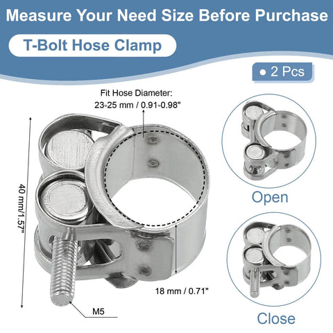 23 To 25 Mm T Bolt Hose Clamp Pack Of 2 For Intercooler Tubing And Radiator Hoses In 0.91 To 0.98 Inch Pipe Made Of 304 Stainless Steel With Polished Finish Ideal Secure Fit For Automotive Cooling System. Featured with measurements and open and closed views.