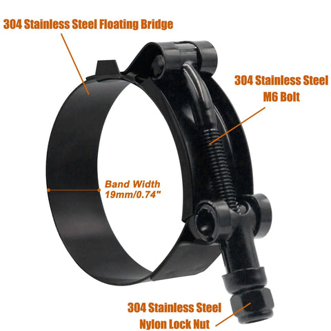 Side view of black-coated 304 stainless steel T-bolt hose clamp with M6 bolt and floating bridge for 95-103mm hoses.