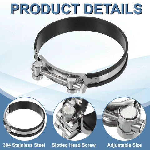 122 To 130 Mm T Bolt Hose Clamp 2 Pack Rubber Cushioned Intake Intercooler Pipe Clamps 304 Stainless Steel Radiator Hose Clamp For 4.8 To 5.12 Inch Pipe With Fine Polish And Durable Automotive Grade Construction, detailed view showing stainless steel material and rubber cushion.