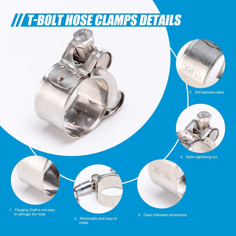 24-Piece T Bolt Hose Clamps Set For Fuel Lines And Intercooler Piping 17-43mm Working Range 304 Stainless Steel Details