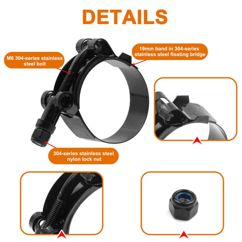 Close-up of 4 Pack 4 Inch T Bolt Hose Clamps In Black Coated 304 Stainless Steel showing M6 bolt and stainless steel band.