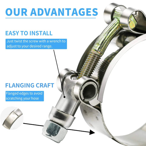 Close-up of a 12 Piece Peromi T Bolt Radiator Hose Clamp Set Heavy Duty Stainless Steel Clamps In Six Sizes