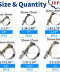 18 Pcs T Bolt Hose Clamp Kit Stainless Steel 304 Heavy Duty Clamps For Radiator Turbo Intercooler Hoses Includes Six Sizes From Three Quarter Inch To Two Inch Working Range Twenty Eight To Sixty Four Millimeter Hose ID shown with size labels.