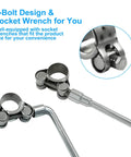Close-up of 6 Pcs T Bolt Hose Clamp Set 17 To 19 Mm 304 Stainless Steel Adjustable Tube Clamps and socket wrench