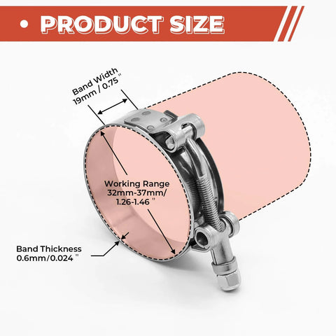 Diagram showing 6 Pack 1 Inch T Bolt Hose Clamps Stainless Steel 304 Heavy Duty Leak Proof Clamp Set Fits 32mm To 37mm band range