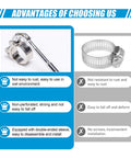 24-Piece T Bolt Hose Clamps Set For Fuel Lines And Intercooler Piping 17-43mm Working Range 304 Stainless Steel Heavy Duty Intercooler Pipe Clamps With Two L-Wrenches For Automotive Mechanical And Industrial Applications, showing clamp details and advantages