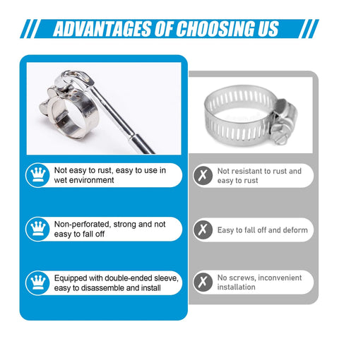 24-Piece T Bolt Hose Clamps Set For Fuel Lines And Intercooler Piping 17-43mm Working Range 304 Stainless Steel Heavy Duty Intercooler Pipe Clamps With Two L-Wrenches For Automotive Mechanical And Industrial Applications, showing clamp details and advantages