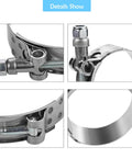 Close-up details of 2 Pack 4 Inch T Bolt Hose Clamps With Working Range 108 To 116 MM For Four Inch Hose ID Turbo Intercooler Intake Clamp Set In Premium 304 Stainless Steel Anti Rust Corrosion Resistant Durable High Performance