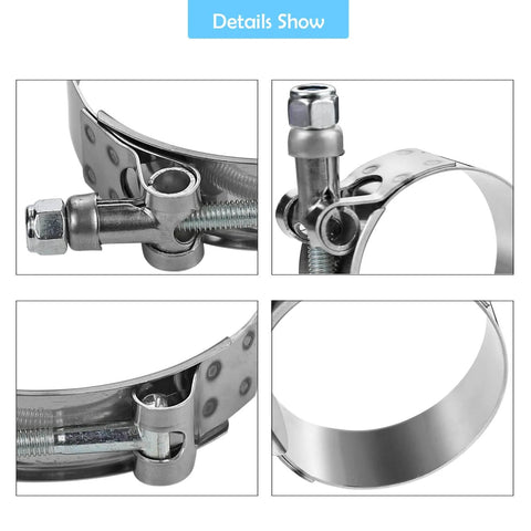 Close-up details of 2 Pack 4 Inch T Bolt Hose Clamps With Working Range 108 To 116 MM For Four Inch Hose ID Turbo Intercooler Intake Clamp Set In Premium 304 Stainless Steel Anti Rust Corrosion Resistant Durable High Performance