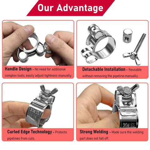 Four 304 Stainless Steel T Bolt Hose Clamps With Handle For Intercooler Pipes And Tubes 26-28mm OD Range in hands