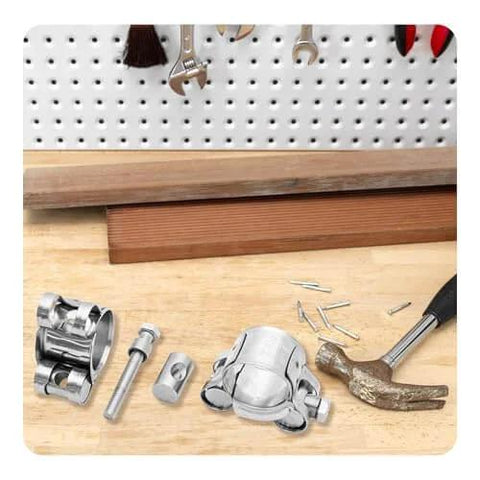 Front view of 4Pcs T Bolt Hose Clamps 304 Stainless Steel Adjustable Heavy Duty Pipe Strap Clamps on a workbench