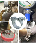 Premium T Bolt Hose Clamps 48-51mm installed on various exhaust hoses, showing 304 stainless steel construction and adjustable design.