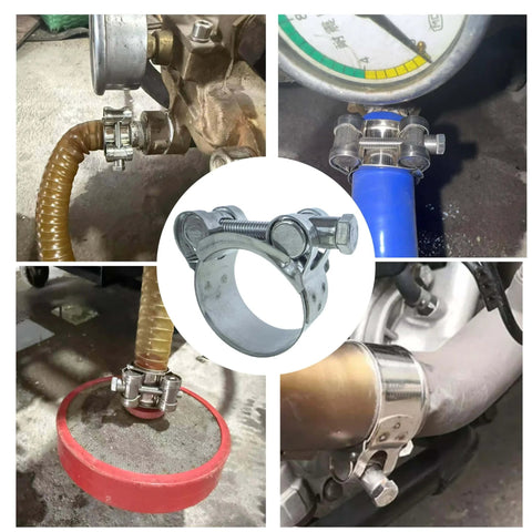 Premium T Bolt Hose Clamps 48-51mm installed on various exhaust hoses, showing 304 stainless steel construction and adjustable design.