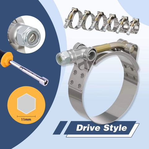 20 Pack T Bolt Hose Clamps Set With Six Sizes For Universal Fit 28 To 64mm 0.75 To 2 Inch Hose ID 304 Stainless Steel displayed
