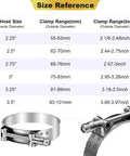 Size chart and 4 Pack 304 Stainless Steel T Bolt Hose Clamps 81mm To 89mm Adjustable Range For 3.18 To 3.5 Inch Hose