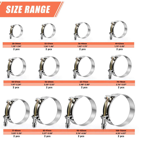 Size range of 24 Pack T Bolt Hose Clamps Stainless Steel 304 28mm To 116mm Working Range For 0.75 Inch To 4 Inch Hose ID