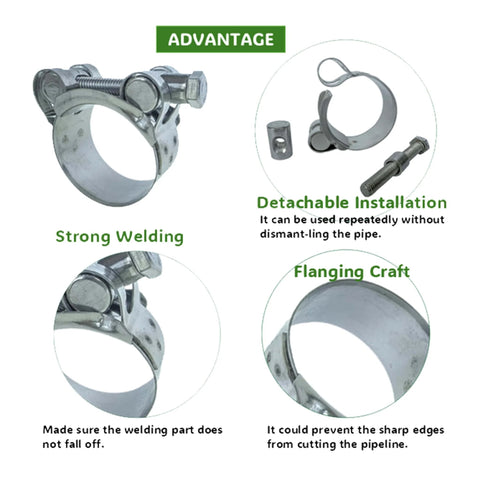 Image showing Premium T Bolt Hose Clamps 48-51mm Heavy Duty Adjustable Tube Clamps with detachable installation and strong welding features.