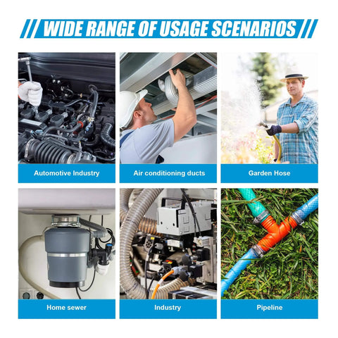 Collage showing usage scenarios for 24-Piece T Bolt Hose Clamps Set For Fuel Lines And Intercooler Piping 17-43mm Working Range 304 Stainless Steel.