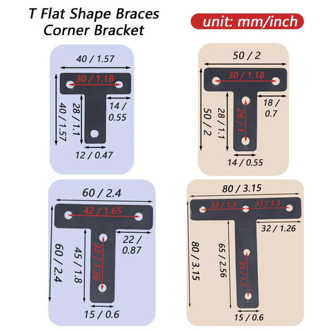 Diagram of 20 Pack Stainless Steel T Flat Shape Corner Brackets showing dimensions in mm and inches.